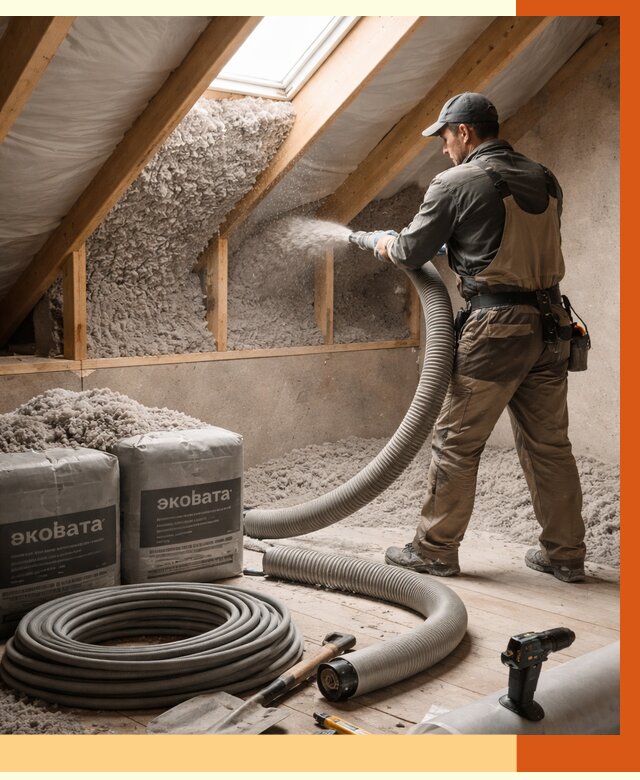 Утепление мансарды эковатой в Верхней Пышме от 2257 руб/м2 — монтаж, задувка, цена | ТепломастерВрх