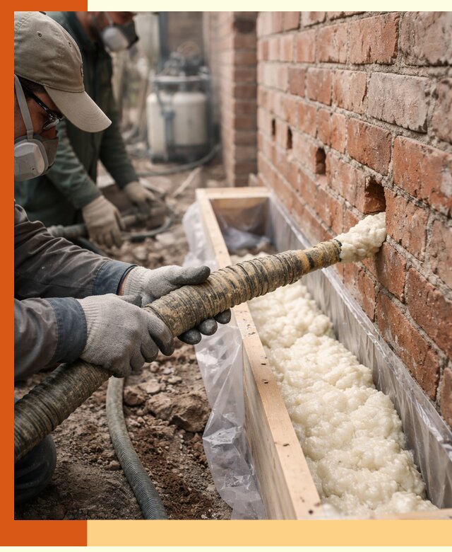 Заливка ППУ в пустоты кирпичной стены в Верхней Пышме